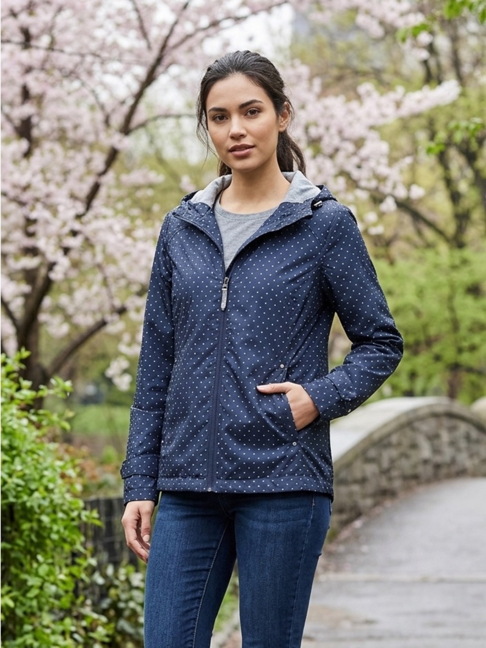 Spring & Rain Jacket navy blue with polka dots women’s size small with hood